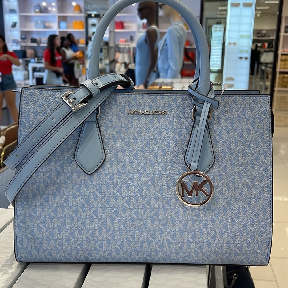 MICHAEL KORS Sheila Medium Logo CZ Satchel Crossbody Bag 
Light Sky
NWT - Picture 16 of 16